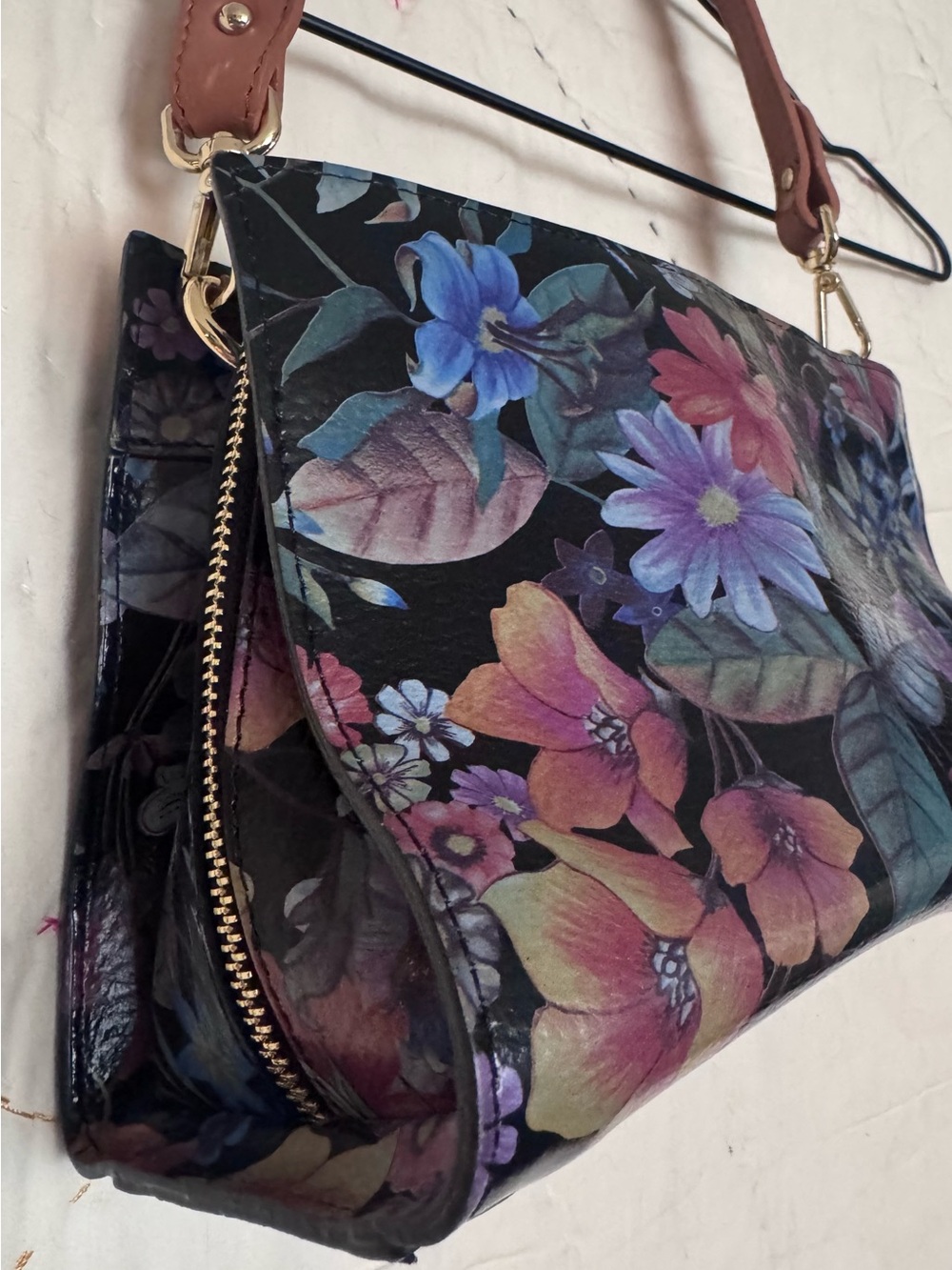 Valentina Black Floral Leather Shoulder Bag with Multicolor Blooms